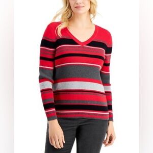 352M NWOT Karen Scott Blair Cotton Striped Rib V-Neck Sweater - Size: PL